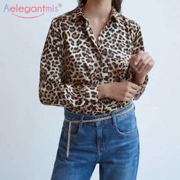 Aelegantmis Leopard Blouses Shirt Women Vintage Elegant Turn Down Collar Shirts Female Print Casual Loose Blouse Tops Streetwear 210607