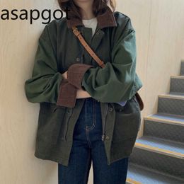 Korean Thick Autumn Vintage Lapel Casual BF Safari Style Loose Full Lantern Sleeve Coats and Jackets Women ArmyGreen Streetwear 210610
