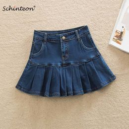 Schinteon Women Summer Denim Shorts Mini Skirts Sexy Ruffles Pleated skirt Top Quality Jeans Big Size 210301