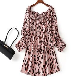Casual Dresses Autumn Winter Fashion Pink Leopard Print Long-sleeve V-neck A-line Slim Short Club Party Dress