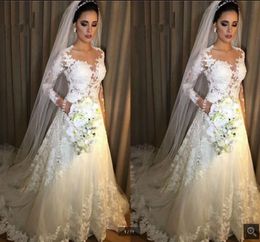 Long Sleeves Dresses A Line Lace Applique Sweep Train Jewel Neck Custom Made Garden Wedding Bridal Gown Vestido De Novia 403 403