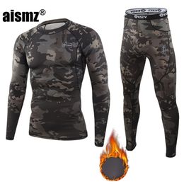 Aismz Winter Thermal Underwear Men Warm Fitness Fleece Legging Tight Undershirts Compression Quick Drying Thermo Long Johns Sets 211211