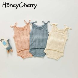 summer girl baby hollow knit sling suit shorts binding vest cute two sets toddler girl clothes 210701