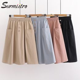 SURMIITRO Midi Skirt Women 2021 Spring Summer Korean Black Blue Cotton High Waist Sun School A Line Skirt Female With Pocket 210309