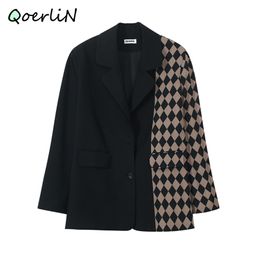 Original Black Blazer Womens Elegant Stitching Suit Jacket Female Plaid Autumn Winter OL Office Coat 210601