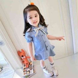 Gooporson Summer Kids Dresses for Girls Fashion Korean Denim Short Sleeve Princess Dress Little Girl Stripes Bow Tie Costume 210715