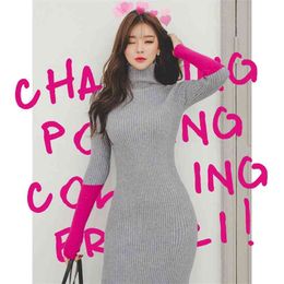 winter Colour matching split han edition temperament turtleneck cultivate one's morality dress package hip sweater 210602