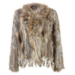 Natural Knitted Rabbit Fur Vest With fox raccoon Collar long sleeve fur coat with tassel Customised overcoat large size 210928