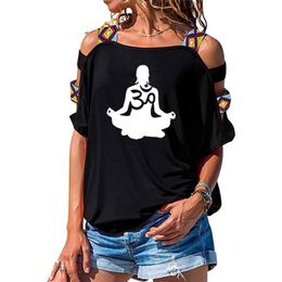 womens Short sleeve Om Aum Silhouette print T-shirt Summer Fashion clothing t shirt women's Sexy Hollow Out Shoulder shirt 210315