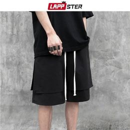 LAPPSTER Summer Fake Two Pieces Sweatshorts New Arrival Streetwear Hip Hop Running Shorts Harajuku Kpop Patchwork Jogger 210315