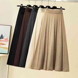 Women Knitted Ribbed Pleated Midi Skirts Solid Warm A-Line Skirt Female Winter Autumn Trendy Elegant Ladies Bottoms Girls 210629