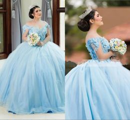 2022 Baby Blue Prom Dresses Long Ball Gown Floral 3D Flowers Applique Off The Shoulder Formal Evening Quinceanera Dress Tulle