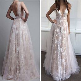 Sexy Backless Lace Prom Dresses A-Line Champagne Lining See Through Top Floor Length Formal Evening Party Gowns Women Reception Dress 2021