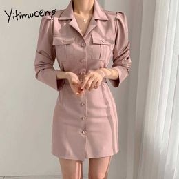 Yitimuceng Office Lady Dress For Women Sashes Button Up Dresses Black White Khaki Pink High Waist Spring Korean Fashion 210601