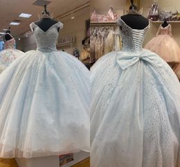 Bling Bling Light Blue Quinceanera Dress V-neck Ball Gowns Prom Formal Evening Gown Tulle Cap Sleeve Pageant Sweet 16 Dress Cheap Long