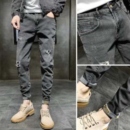 wholesale 2020 fashion hip hop street cargo dark grey washed non-iron cotton ripped homen's mid-rise men's teenager skinny jeans X0621