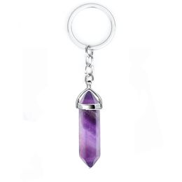 Natural Stone Key Rings Hexagonal Prism Keychains Healing Rose Crystal Car Decor Keyholder for Women Men