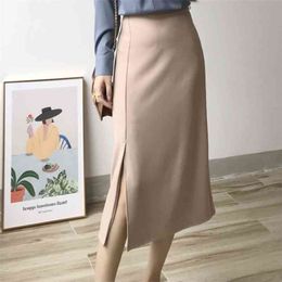 HELIAR Women Office Lady Skirts Solid A-line High Waist Female Elegant Split Midi Plain Summer 210730