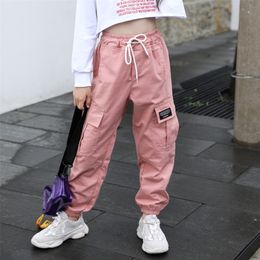 2021 Pants For Girls Solid Pants Girls Fashion Drawstring Child Trouser Teenage Child Girl Cargo Pants For Kids Clothes 8 10 12 210303