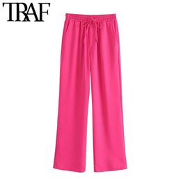 TRAF Women Chic Fashion Side Pockets Loose Fitting Pants Vintage High Elastic Waist Drawstring Female Trousers Mujer 210915