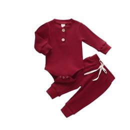 Newborn Clothes Set For Toddler Boys Girls Autumn Winter Long Sleeve Cotton Baby Outfits 2Pcs Solid Bodysuit+Trousers D30 210309