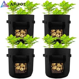 AMKOY 4pcs Plant Growth Bag Potato Pot Greenhouse Vegetable Planting Moisturising Vertical Garden Grow Bag Seedling Pot Flower 210615