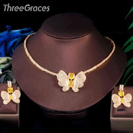 ThreeGraces Gorgeous Yellow Cubic Zirconia Big Butterfly Earrings Necklace Wedding Bridal Jewelry Set for Brides Bijoux TZ608 H1022