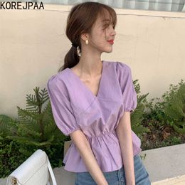 Korejpaa Women Shirt Summer Korean Chic Ladies Western-Style Soft V-Neck Pleated Slimming Ruffled Puff Sleeved Blouses 210526