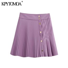 KPYTOMOA Women Chic Fashion Pleated Faux Leather Mini Skirt Vintage High Waist Snap Button Female Skirts Mujer 210309