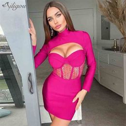 High Quality Women's Purple Black Long Sleeve Lace Hollow Rayon Bandage Dress Elegant Club Party Vestidos 210525