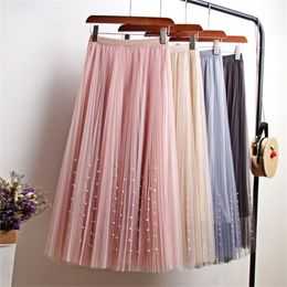 New Spring Summer Skirts Womens Beading Mesh Tulle Skirt Women Elastic High Waist A Line Mid Calf Midi Long Pleated Skirt 210310