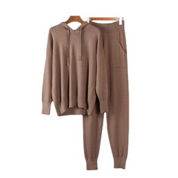 Cashmere Casual Two Piece Knitted Carrot Pants & Hooded Sweater Women Autumn Winter Sets Female Tracksuits Harem Pant 211126