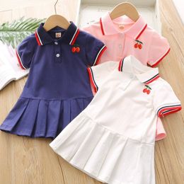 Kids Girl Lace Lapel Collar Embroidery Cherry Short Sleeve Dress Kids Elegant Summer Baby Girl Designer Clothes