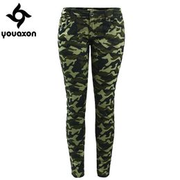 Youaxon Women`s S-XXXXXL Plus Size Chic Camo Army Green Skinny Jeans For Women Femme Camouflage Cropped Pencil Pants 210222