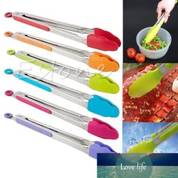 Silicone Kitchen Cooking Salad Serving BBQ Tongs Stainless Steel Handle Utensil random Colour