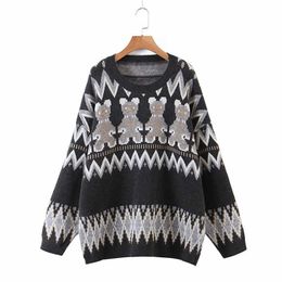 PERHAPS U Women Sweater Knitted Pullovers Long Sleeve Crew Neck Grey White Brown Bear M0346 210529