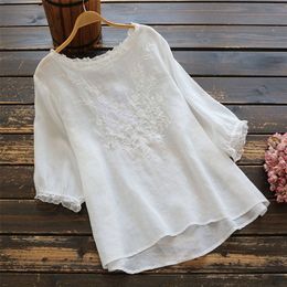 100% Cotton Plus Size Women Tshirt Summer style Half Sleeve Loose Tee Shirt Vintage Embroidery O-neck Femme Tops D346 210306