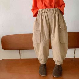 Crianças outono unisex cor sólida calças de carga soltas meninos e meninas algodão toughle-tied calças 210708