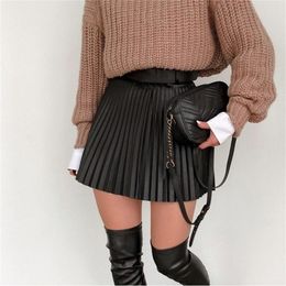 夏のハイウエストプリーツA-Line Women Mini Skirt Faux Leather Womens短い春のカジュアルレディースボトムス210310