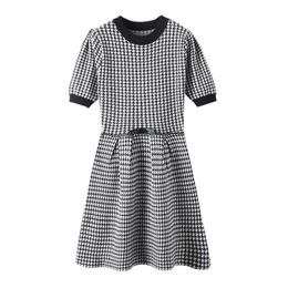 PERHAPS U White Black Plaid O Neck Short Sleeve Elegant Office Lady Mini Short Dress Knitted Houndtooth D1656 210529