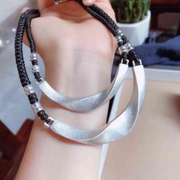 Real 925 Sterling Silver Women Clavicle Chain Retro Personality Handmade Wax Rope Braided Necklace Gift Party Accessory