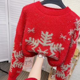 New design women's autumn winter Christmas New Year red Colour snowflake pattern lurex patchwork bling mohair wool knitted sweater
