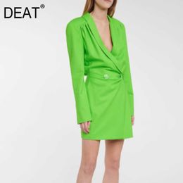 [DEAT] Spring Summer Fashion Turn-down Collar High Waist Long Sleeve Temperament Green Dress Women 13Q394 210527
