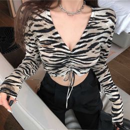 Korea Zebra pattern Sexy T Shirt Women's Long Sleeve Drawstring Summer Tops Short Autumn V Neck Grey Coffee Tshirt Women VR5P 210603