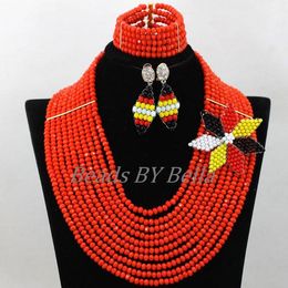 orange flower earrings UK - Earrings & Necklace Exclusive Braid Flower African Wedding Women Jewelry Set Orange Crystal Beads Nigerian Bridal Sets ABK073