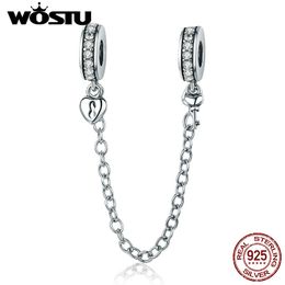 100% 925 Sterling Silver The Key to Heart Silicon Safety Chain Charm Fit Wostu Original Beads Bracelet Jewellery Q0531