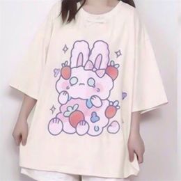 QWEEK Kawaii Tshirt Women Fashion Cute Print ops Oversized Shirt Casual Loose Cotton Pink Graphic Shirts 210720