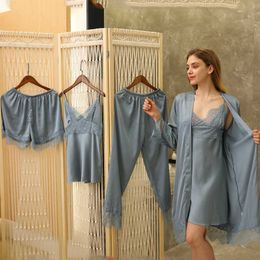 Lisacmvpnel Five-piece Pajamas Female Ice Silk Sling Nightdress Sexy Lace Chest Pad Pyjamas Q0706