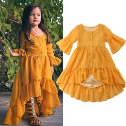 Princess Fashion Toddler Baby Girls Boho Party Dress Long Flare Sleeve Single Breasted Ruffles A-Line Yellow Dress 1-5Y Q0716