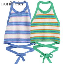 Green Striped Knit Slim Crop Tops Summer Fashion Sleeveless Backless Halter Neck Lace-up Women Casual Tanks Female 210604